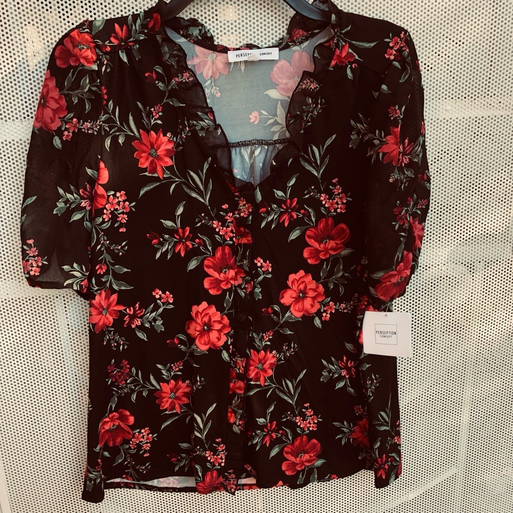 Perceptions Black Blouse with Red Floral Print and Green Leaves - NWT